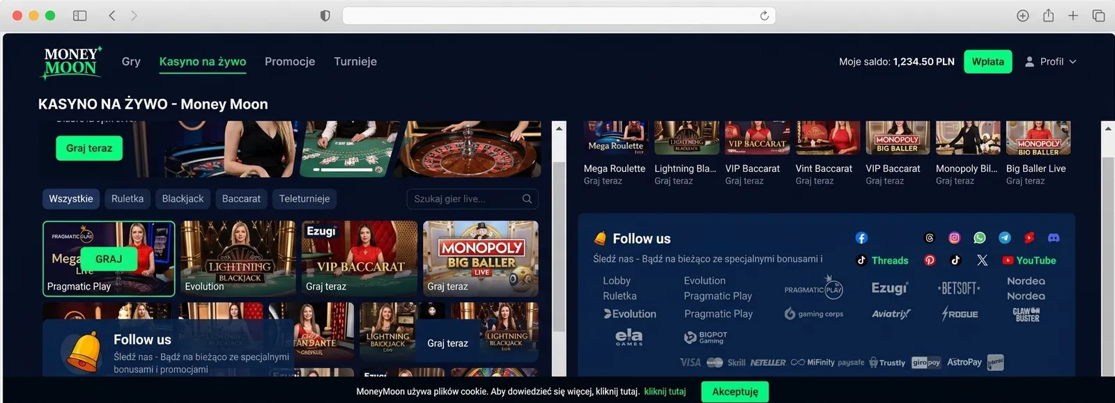 Zrzut ekranu z sekcji Kasyno na żywo w Money Moon.