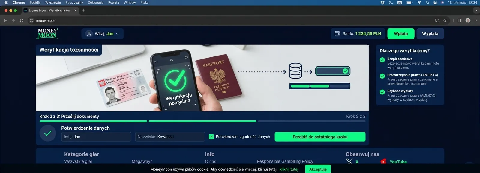 Formularz rejestracji i panel weryfikacji dokumentów w kasynie online