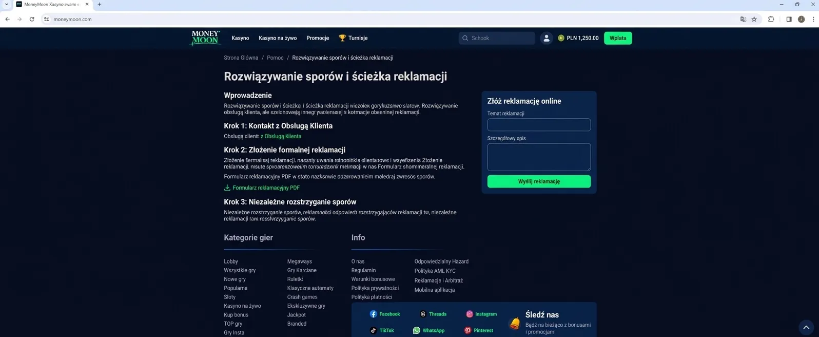 Schemat ścieżki reklamacji i alternatywnego rozwiązywania sporów na platformie hazardowej