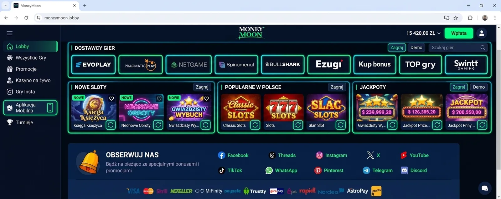 Interfejs money moon kasyno z kosmicznym motywem i neonową zielenią na granatowym tle