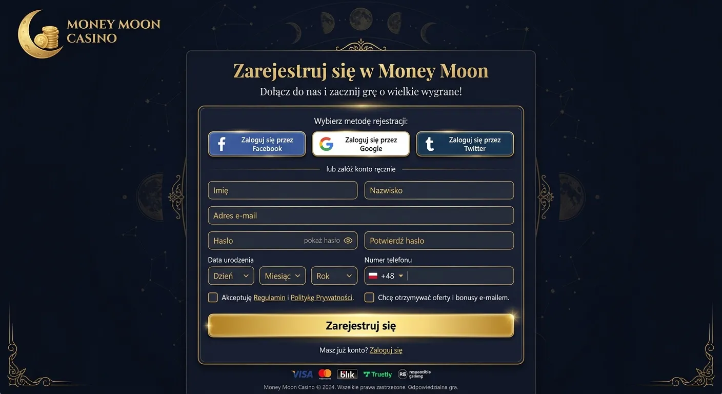 Zrzut ekranu przedstawiający formularz rejestracji w kasynie Money Moon z opcjami logowania przez media społecznościowe.